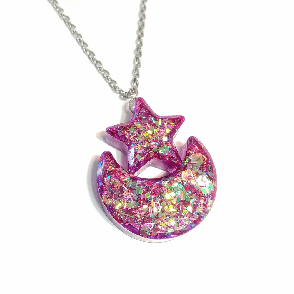 Moon and star pendant purple with iridescent glitter on silver necklace new